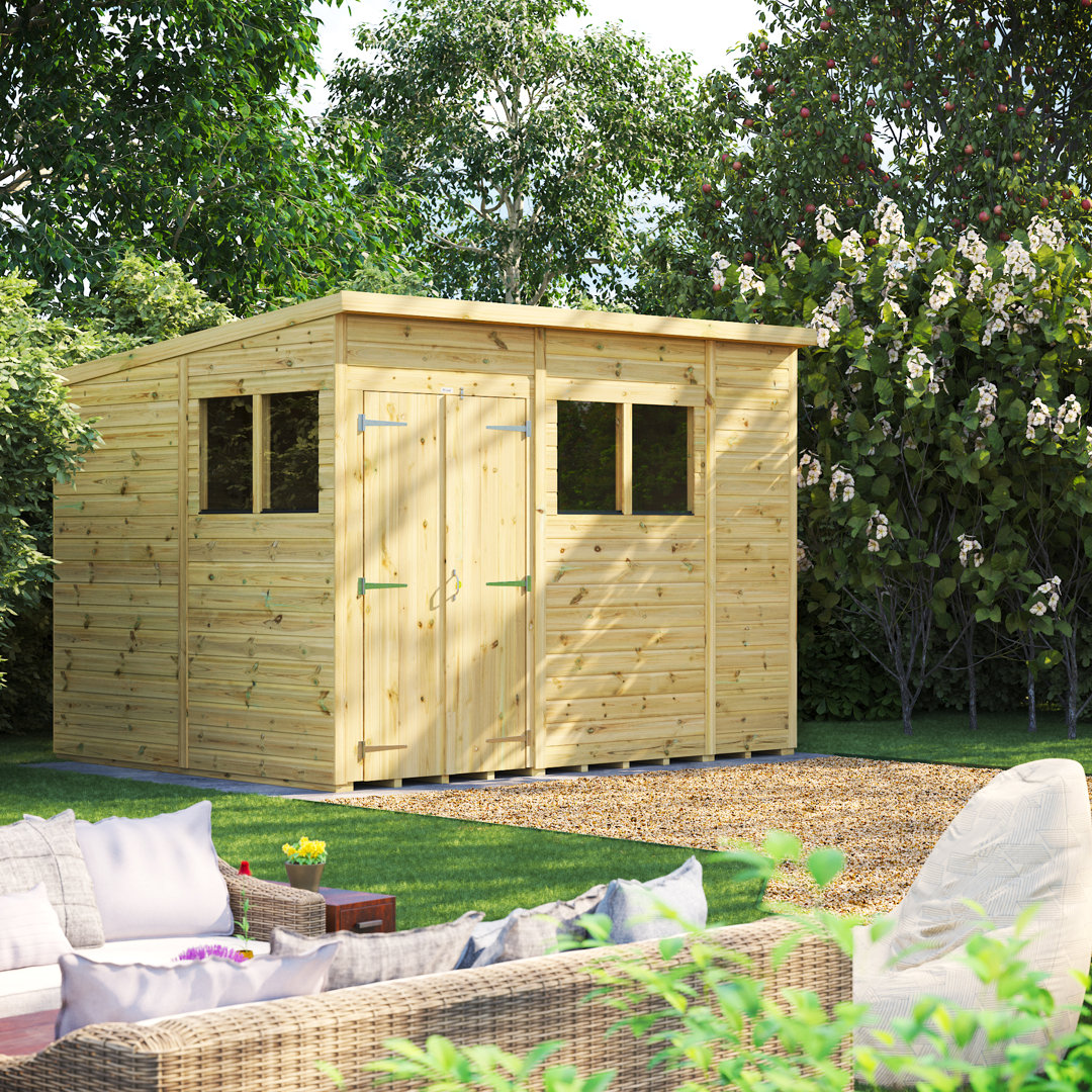 Powersheds 10 x 8ft Premium Pressure Treated Timber Pent Garden Shed, Double Doors