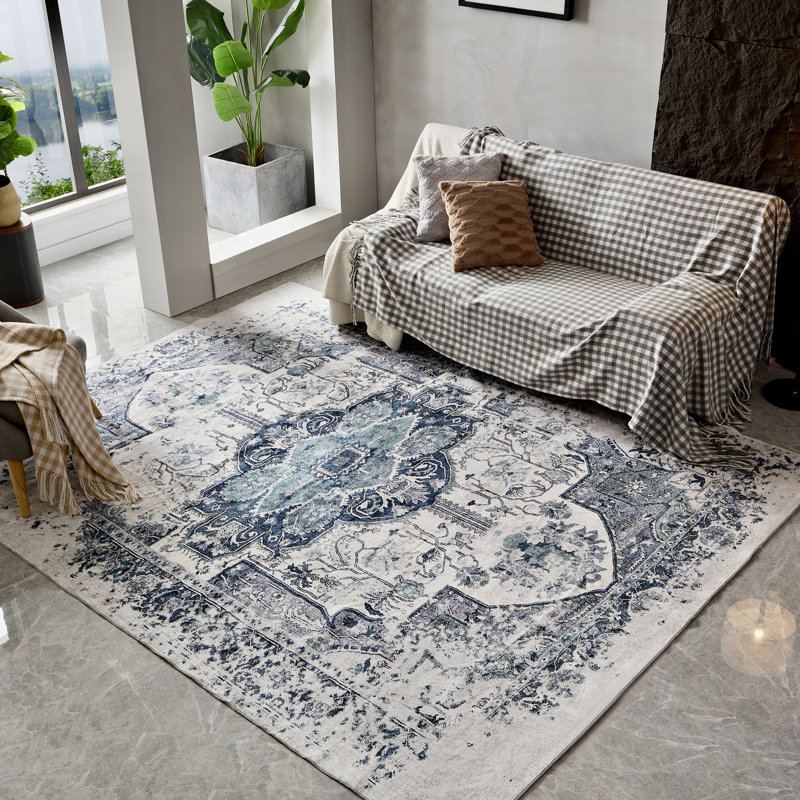 Tapis oriental bleu / vert / gris lavable à la machine, Rectangle 5 pi 3 po x 7 pi 3 po