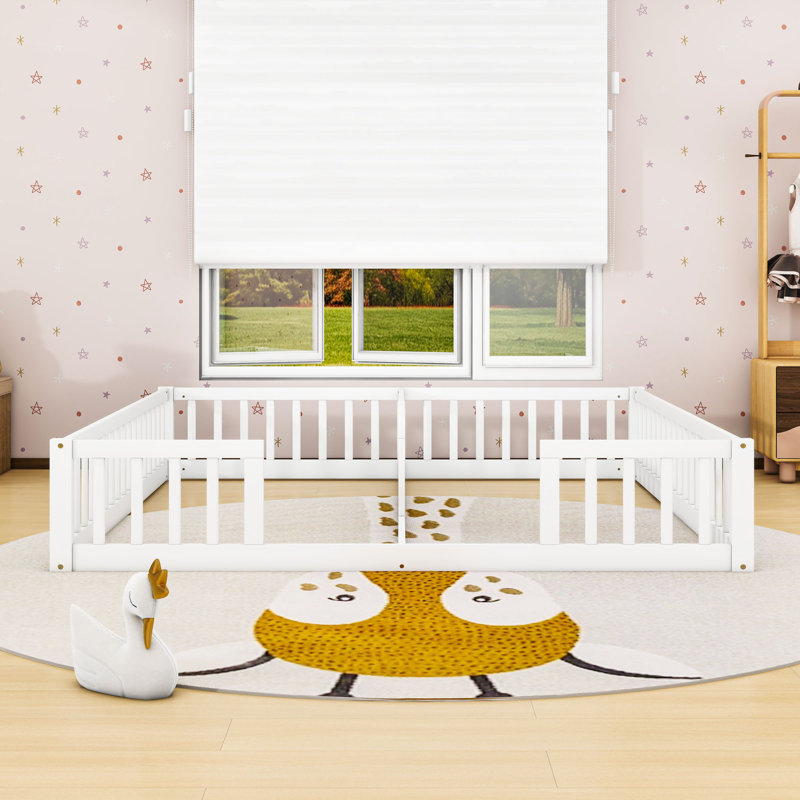 Twin & Twin Wood Double Floor Bed With Guardrails, White