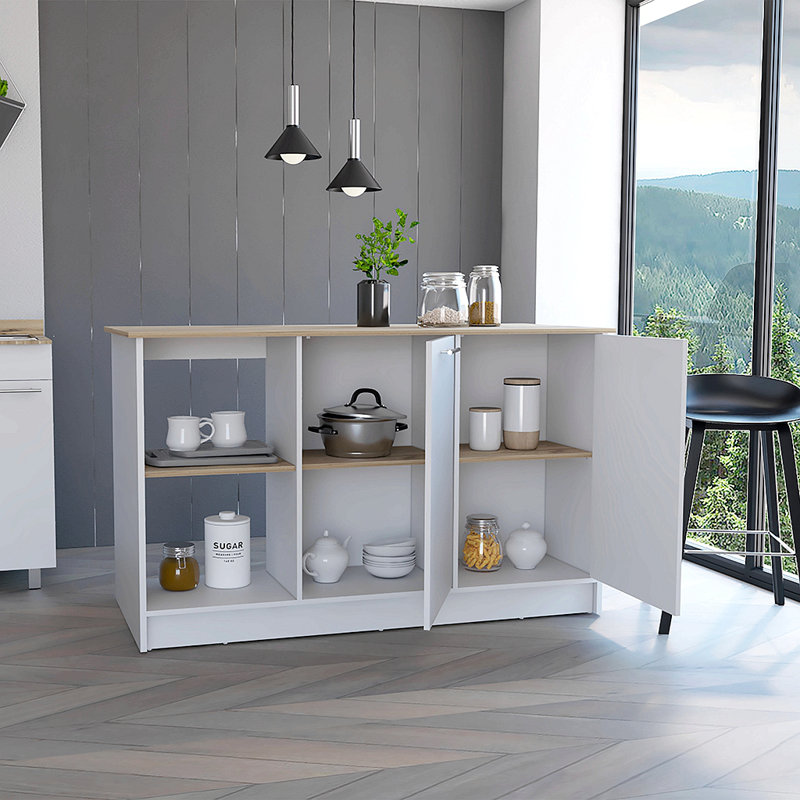 Îlot de cuisine Juniper avec grande surface supérieure, armoire à deux portes et tablettes ouvertes noir / marbre Ibiza