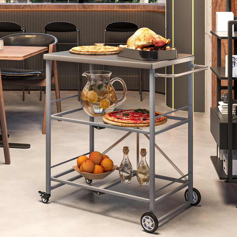 Outdoor Grill Cart Table, Stainless Steel Pizza Oven Stand Trolley Table With Wheels, Silver