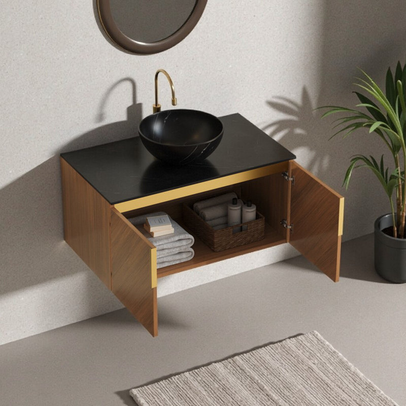 Meuble-lavabo flottant élégant avec comptoir en pierre frittée et lavabo en céramique - Armoire de rangement moderne avec portes à fermeture douce et conception spacieuse