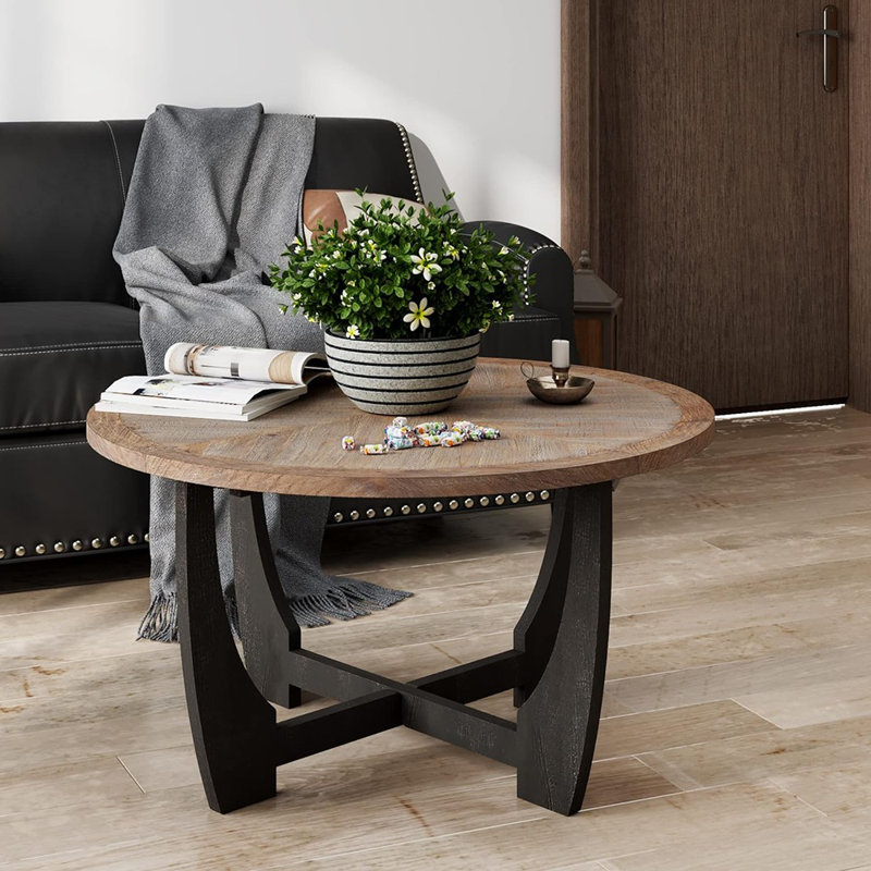 Rustic Round Coffee Table with Distressed Wood Finish and Crisscross Base