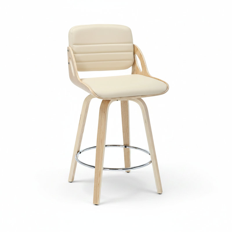 26" Modern Swivel Counter Height Bar Stool with Vegan Leather Upholstery, Curved Back, Bentwood Frame & Chrome Footrest, Ivory/Oak – Melissa by Pipp & Liv (Single)