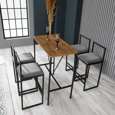 Teleri Modern 5-Piece Bar Table & Stool Set, Fume Walnut & Black | 100% Melamine Coated Particle Board & 100% Metal Frame | Table: 35.4 x 36.2 x 17.7 inches | Stools: 13.8 x 33.1 x 13.8 inches | Stylish Industrial Design for Home or Bar