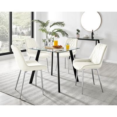 Scandinavian Style Glass and Metal Leg Square Dining Table Set - 4 Modern Velvet Dining Chairs