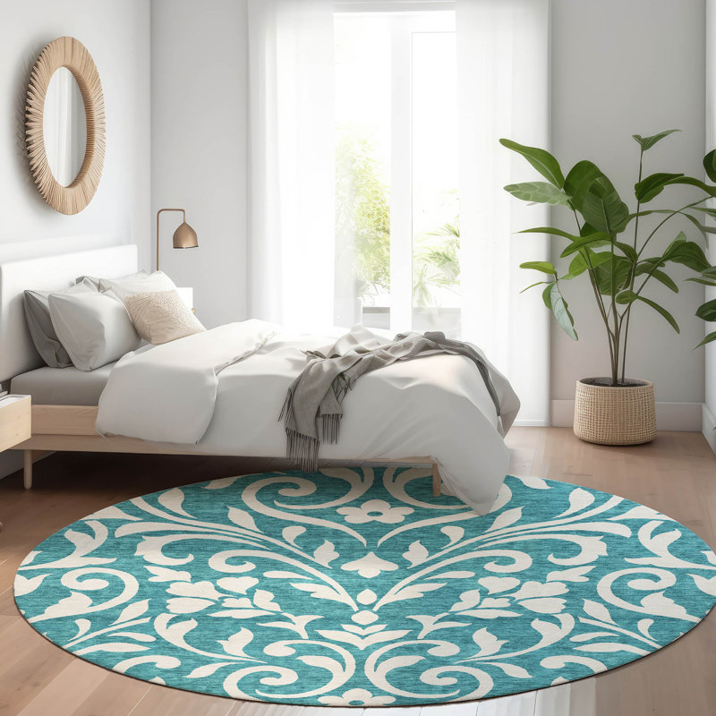 Premium Machine Washable Prisco Teal Rug, Round 8'