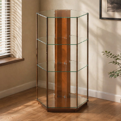 6 Shelf Corner Curio Display Cabinet with Lights, Mirrors and Adjustable Shelves, Oak(E26 light bulb not included)