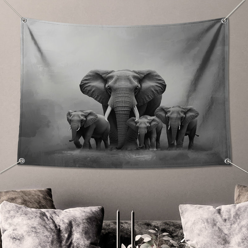 Tapisserie murale famille d'éléphants d'Afrique - Éléphants, H 50 po x l 60 po avec 4 œillets