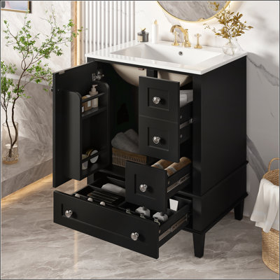24-Inch Black Bathroom Vanity with Integrated Ceramic Basin, Soft-Close Drawers, and Double-Layer Door-Mounted Shelf