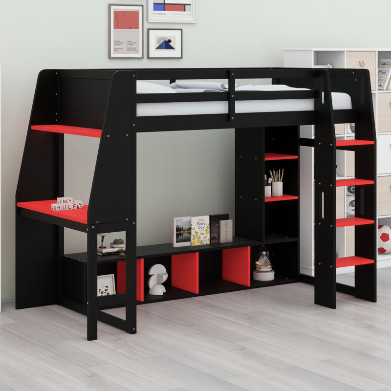 Lit mezzanine moderne avec éclairage à DEL, tablettes et support suspendu, Lit simple