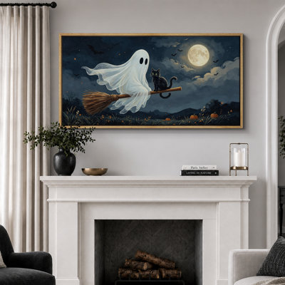 Tableau représentant une sorcière fantôme et un chat, impression giclée sur toile en 3 parties (61 x 91 cm). Décoration murale pour salon.