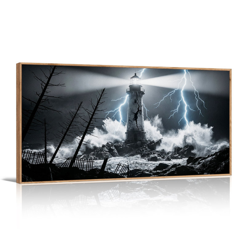 Phare fissuré en noir et blanc avec éclair - Toile murale d'Halloween, L 58 po x H 28 po