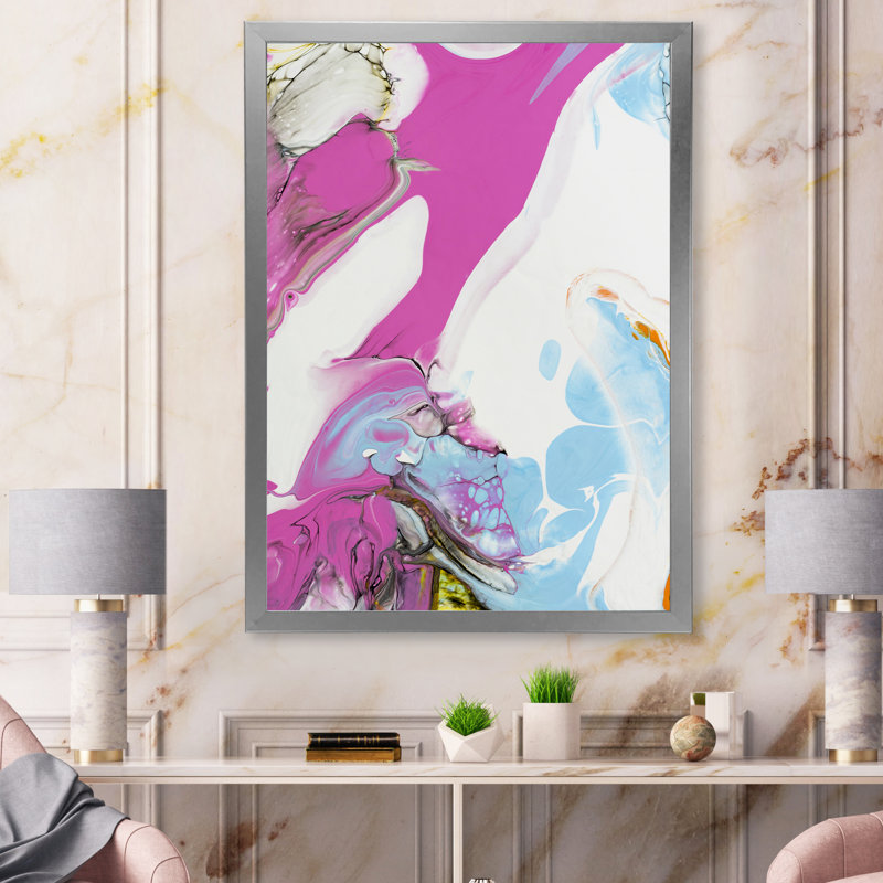 Rose, bleu et jaune liquide Art IV - peinture sur toile, H 20 po x l 12 po x P 1 po, Cadre de coin argenté fermé