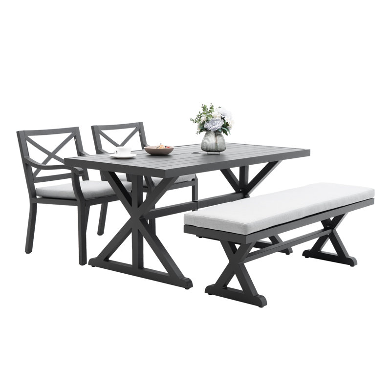 Ensemble de salle à manger d'extérieur 4 pièces pour 4, table rectangulaire de 63 po avec 2 fauteuils et banc, gris