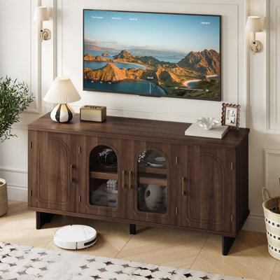 59'' Mid-Century Modern TV Stand with Arched Glass Doors, Media Console Table for TVs up to 65'', Sideboard Storage Cabinet for Living Room & Entryway