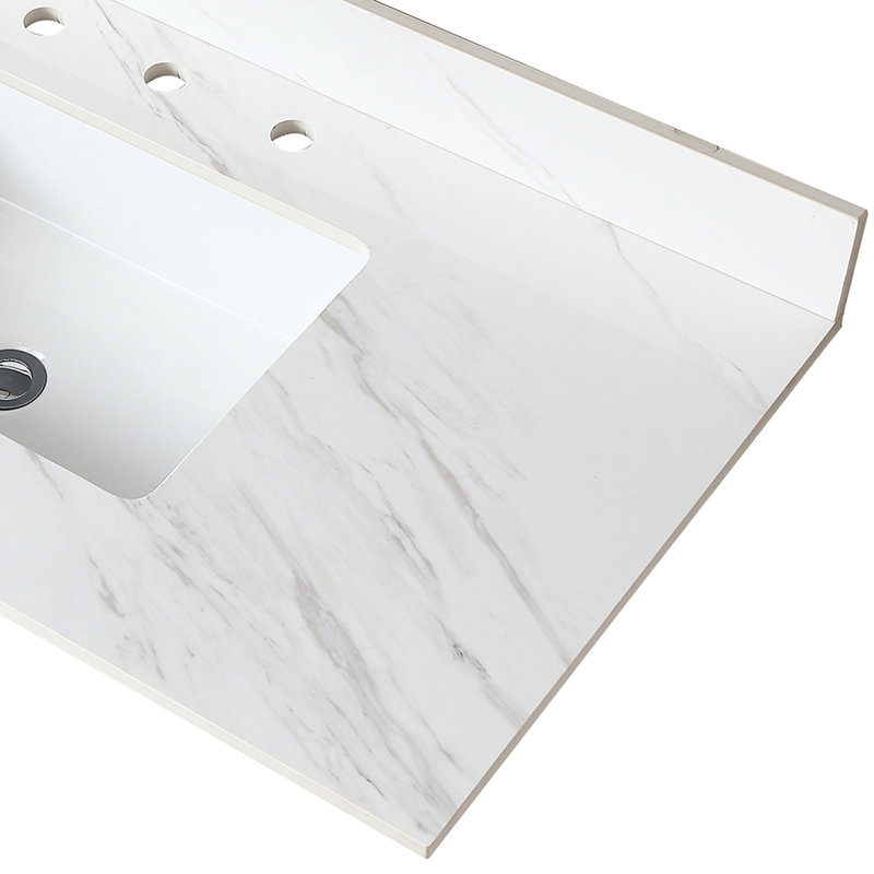 Plateau de meuble-lavabo blanc 43 po avec dosseret de 4 po et surface en pierre frittée teintée 43 po, dosseret encastré uni