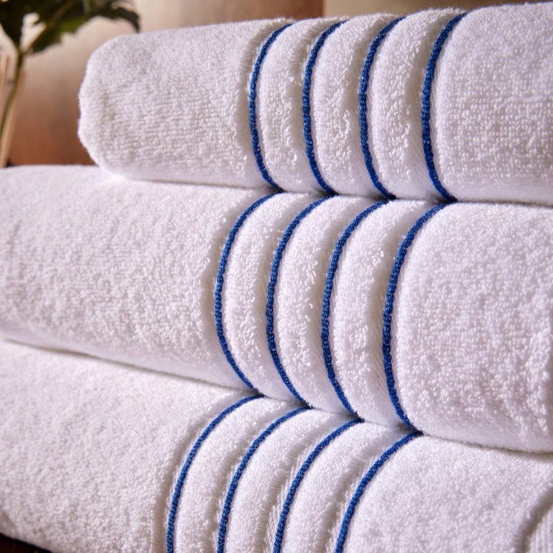 100% Cotton Four Row Cord Embroidered Bath Towel, White/Navy