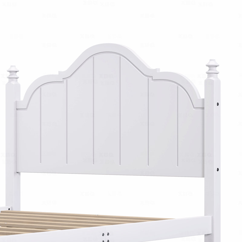Structure de lit double avec tête de lit, support en bois rétro avec lattes, plateforme complète, aucun sommier requis, Blanc