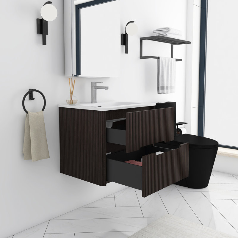 24'' Wall-Mounted Single Bathroom Vanity With Integrated Ceramic Top, Dark Brown