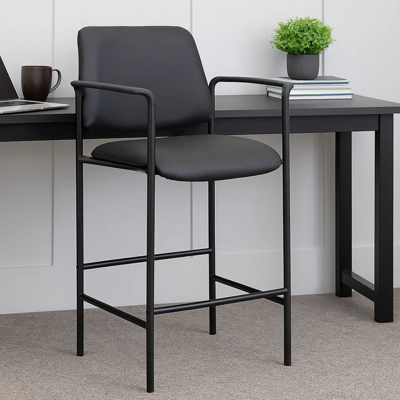 Counter Stool Chair With Black Vinyl Seat & Back, Square Metal Base