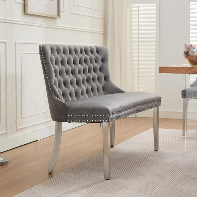 Velvet Double Dining Loveseat Bench, Kitchen & Dining Seating, 2-Seat Tufted Bench W/Handmade Buttons, Wing Back, Brushed Silver Stainless Steel Legs, Mid Century Modern,Single Pack,Gray,SW1702GY