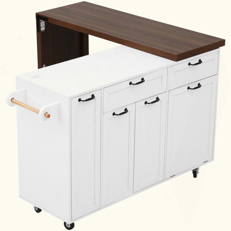 Îlot de cuisine avec table de salle à manger extensible, chariot d'îlot roulant avec armoire de rangement pour poubelles, étagère à épices coulissante à 3 niveaux, table d'îlot mobile sur roulettes pour la cuisine, la salle à manger