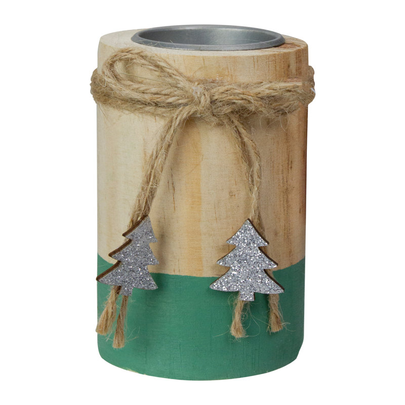 Porte-bougie de Noël 4 po vert et bois naturel