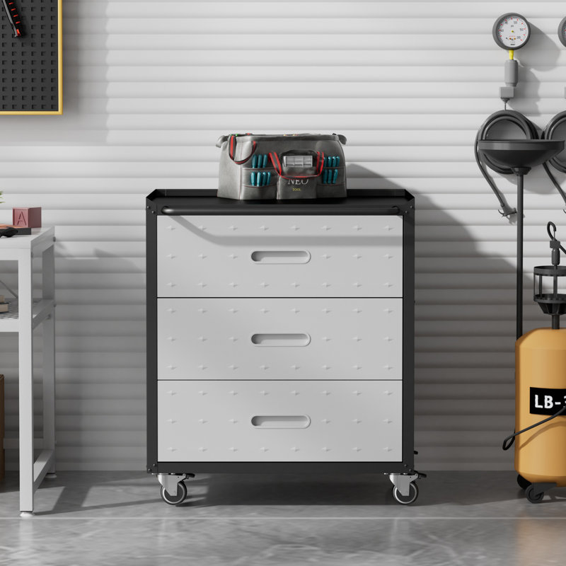 Armoire à outils roulante à 3 tiroirs avec roues verrouillables et rangement professionnel en métal, Grey