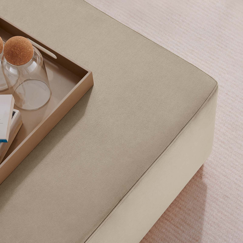 Tilden Taupe Velvet Upholstered Square Ottoman with Rubberwood Base