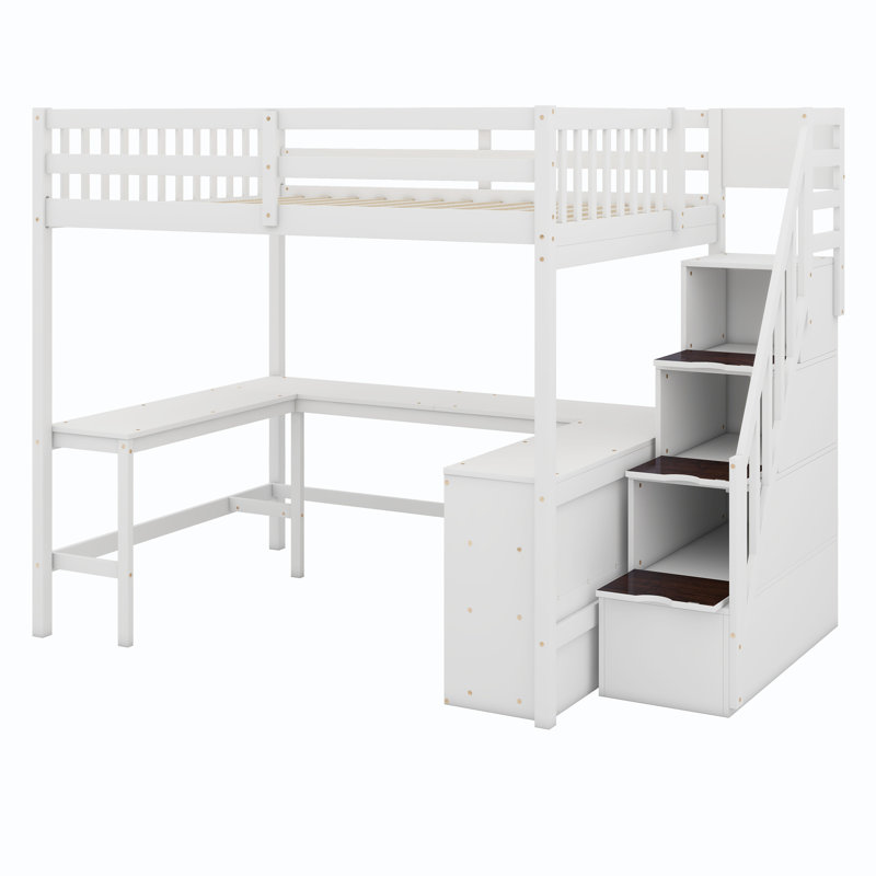 Loft Bed With Built-In L-Shaped Desk,Storage Shelves And Attached Storage Staircase, White