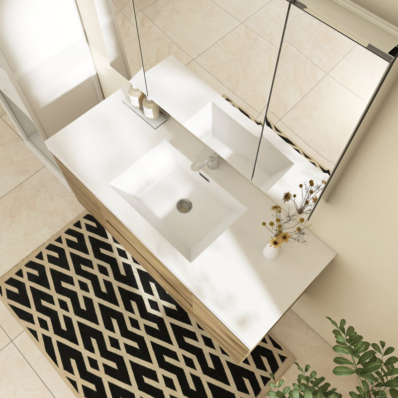 48 po X P 20 po P x 22 po Meuble-lavabo flottant simple H avec plateau en résine blanc brillant, Chêne naturel