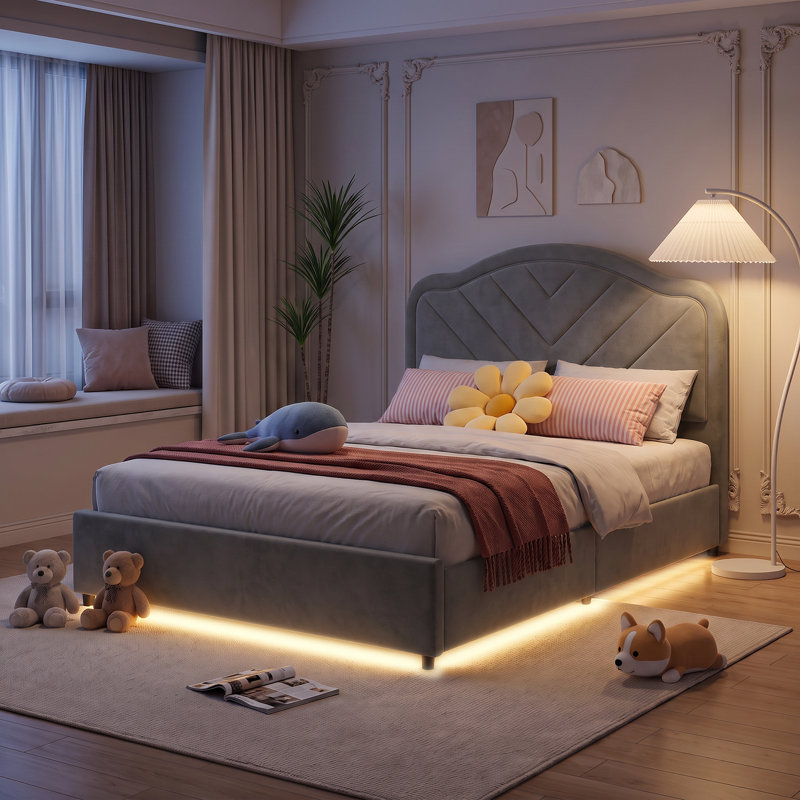 Bed Frame with Velvet Headboard, Smart Adjustable LED Light, Metal Ottoman Bed Frame With Wooden Slat Support, Gas Lift Under Bed Storage