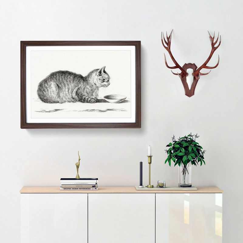 Cat by a Bowl by Jean Bernard - Picture Frame Drawing Print, 27cm H x 36cm W x 2cm D, Walnut Framed
