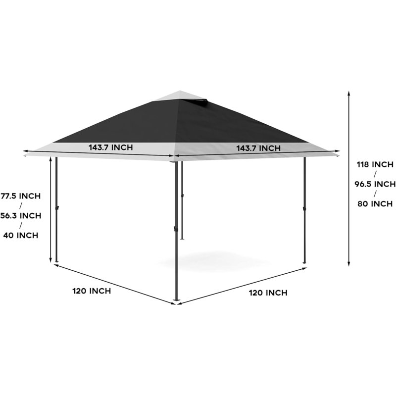Tente d'auvent instantanée 12 x 12 avec double toit pour patio, Gris, H 120 po x l 120 po x P 118 po