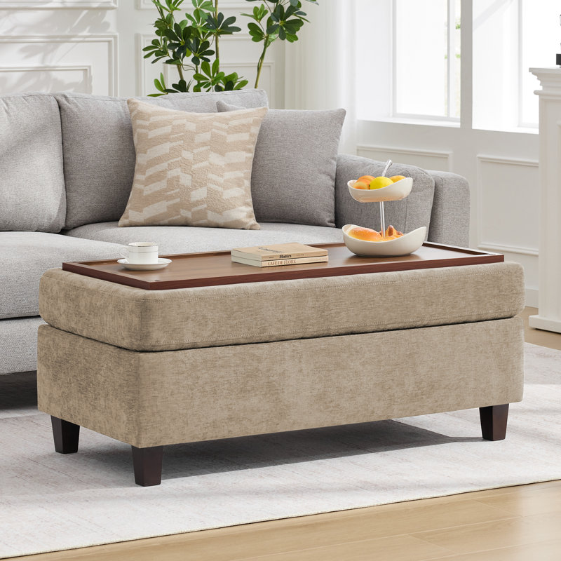 Multi-Functional Ottoman Bench for Living Room, Flip-Top Design with Wooden/Cushion Reversible Lid, Khaki