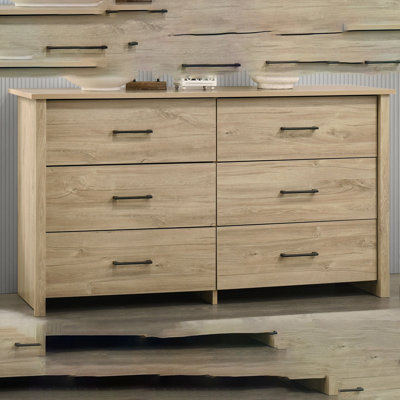 Seraphiel 57"W Light Oak Finish 6-Drawer Dresser With Black Handles