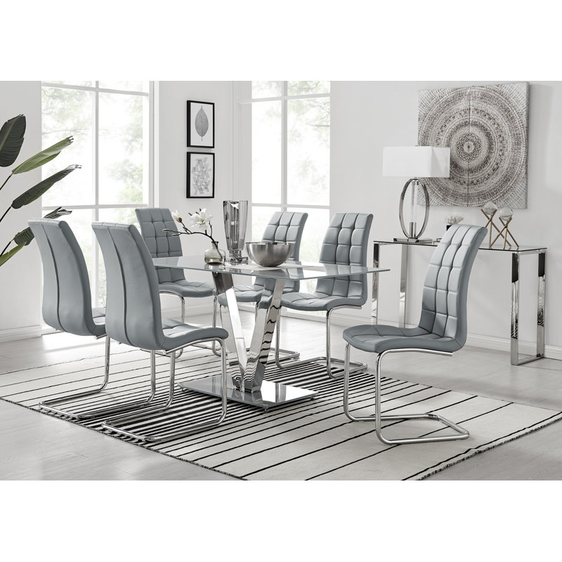 Ransart Modern Luxury Glass & Metal Dining Table Set With 6 Modern Faux Leather Dining Chairs, Grey