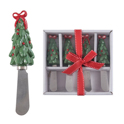 Dolomite Tree W Bow Tree Spreader Set of 4, Cheese Knife, Green, Ceramic, Table, Kitchen, Christmas, Tabletop, Spreader