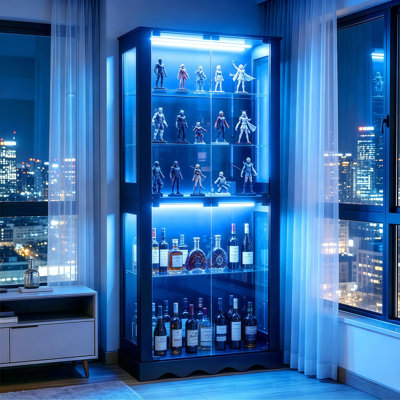 Vitrine avec portes en verre, vitrine de 71 po de hauteur avec lumières RVB pour objets de collection, vitrine à DEL avec tablette amovible pour livre / médaille / figurine, noir