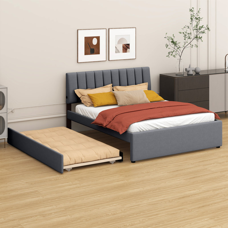 Lit plateforme tapissier avec lit gigogne, gris