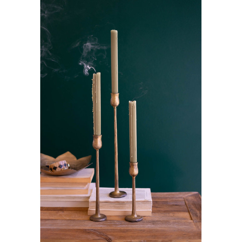  Antique Brass Finish Metal Taper Candle Holders – 2x Set of 3