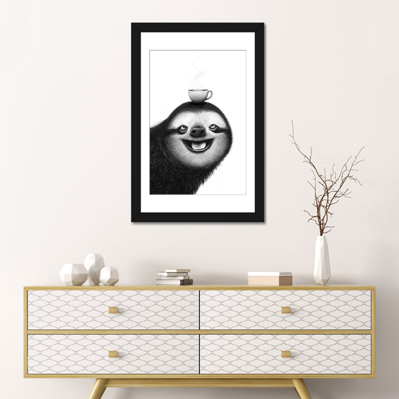 «Sloth With Cappuccino», reproduction d'art sur papier encadré, 24" x 16", Papier encadré, Black