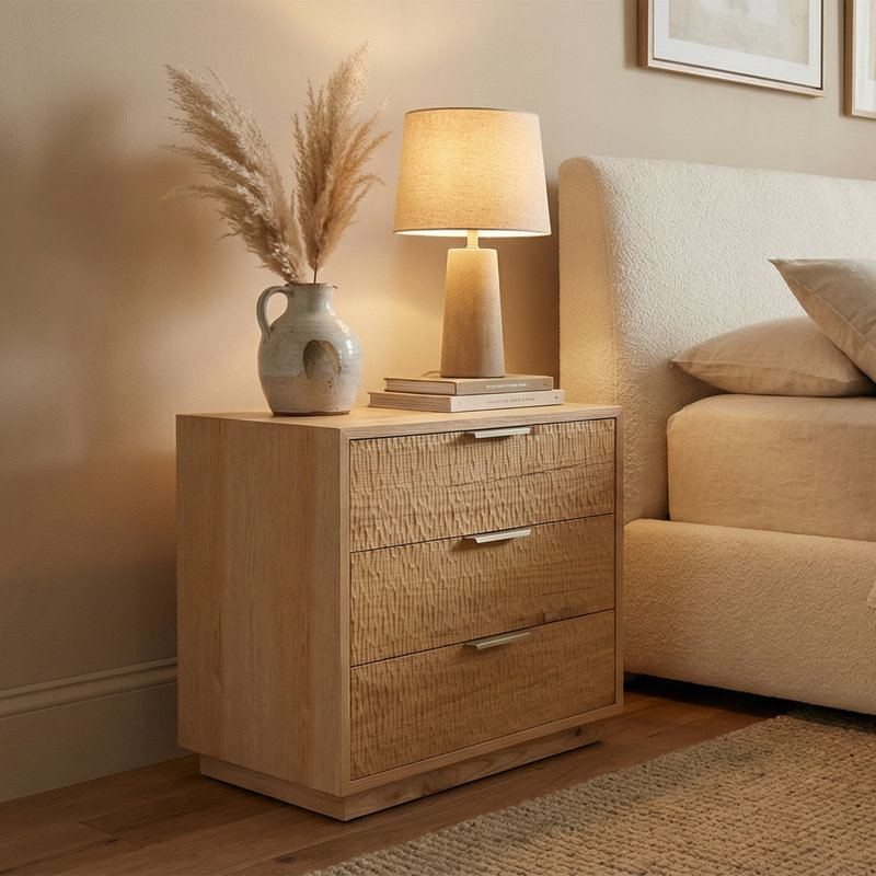 Rustic Solid Wood 3-drawer Nightstand With Carved Door Panels & Stainless Steel Handles, Natural