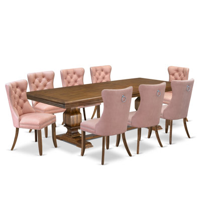 9-piece Mid-Century Dining Table Set includes a Dining Table and 8 Beige Red Polyester fabric Kitchen Chairs with Button tufted Back - Antique Walnut Finish