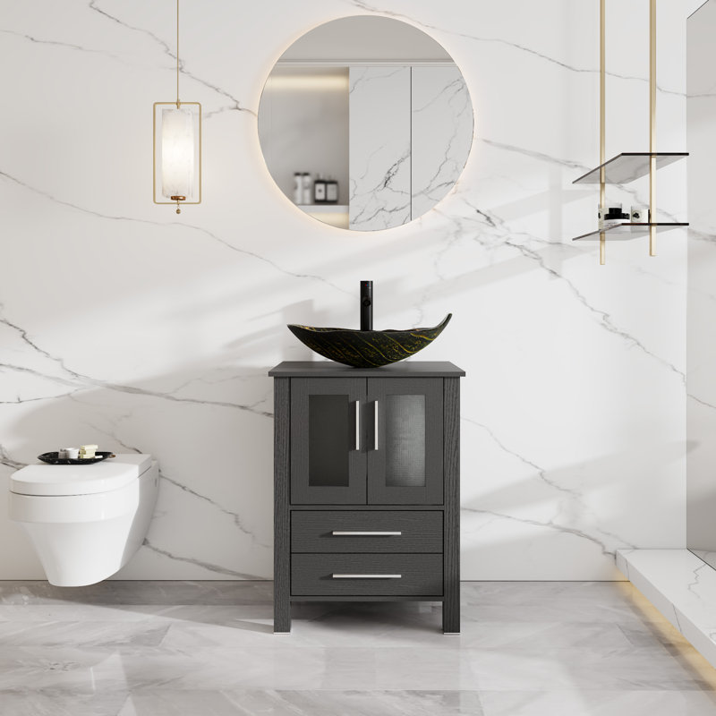 Ensemble de meuble-lavabo simple autoportant 24 po avec lavabo vasque, robinet et bonde escamotable 24 po