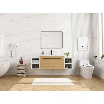 Meuble-lavabo mural 60 po avec lavabo à poser en résine, 2 tablettes de rangement et 2 portes à fermeture douce