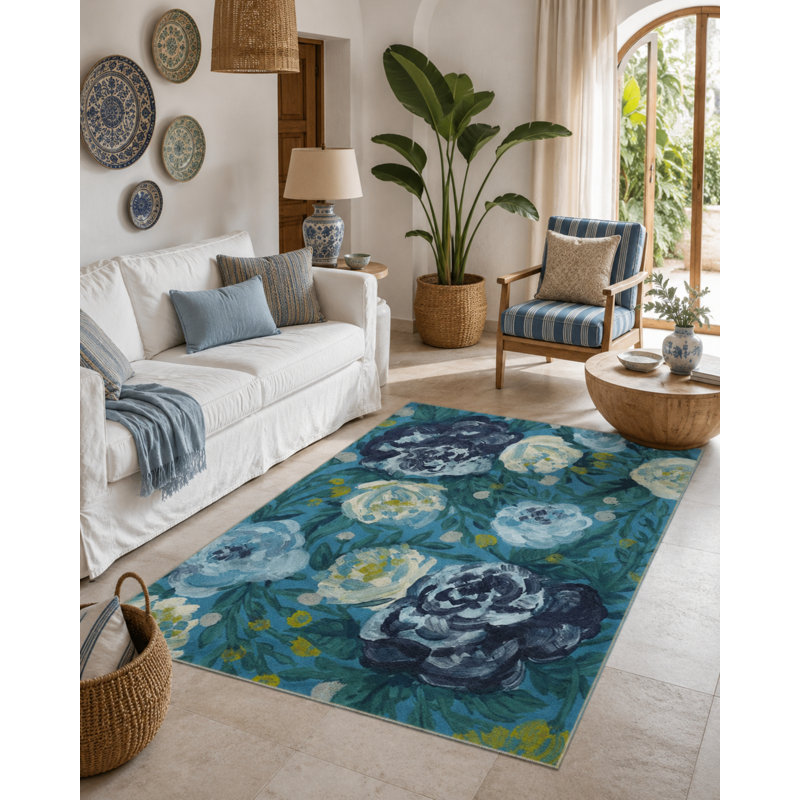 Blue Rose Patterned Washable Decorative Carpet, Round 4'