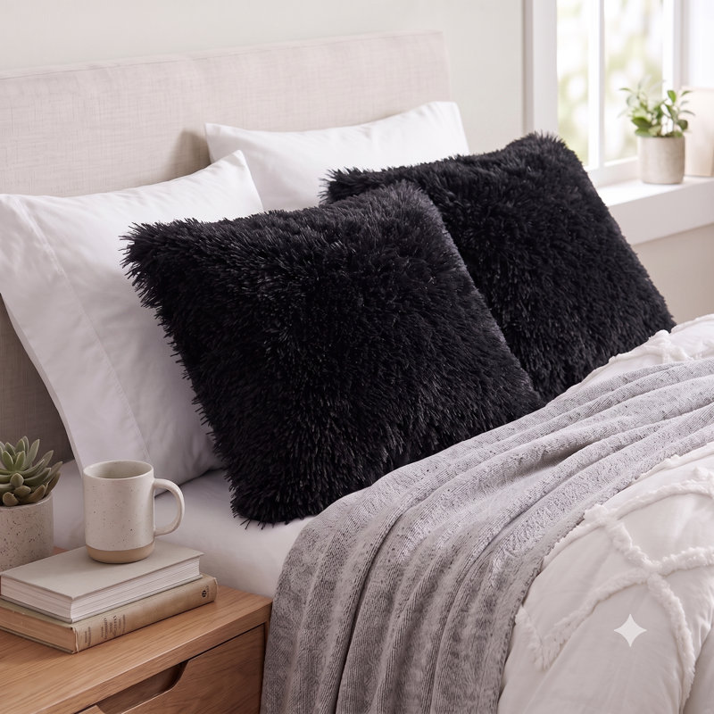 Solid Colour Faux Fur Reversible Throw Pillow, Black
