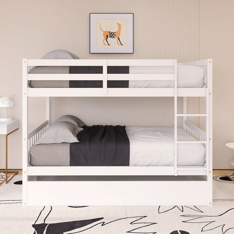 Wood Frame Full Over Full Size Bunk Bed With Trundle, Ladder And Guardrails, White
